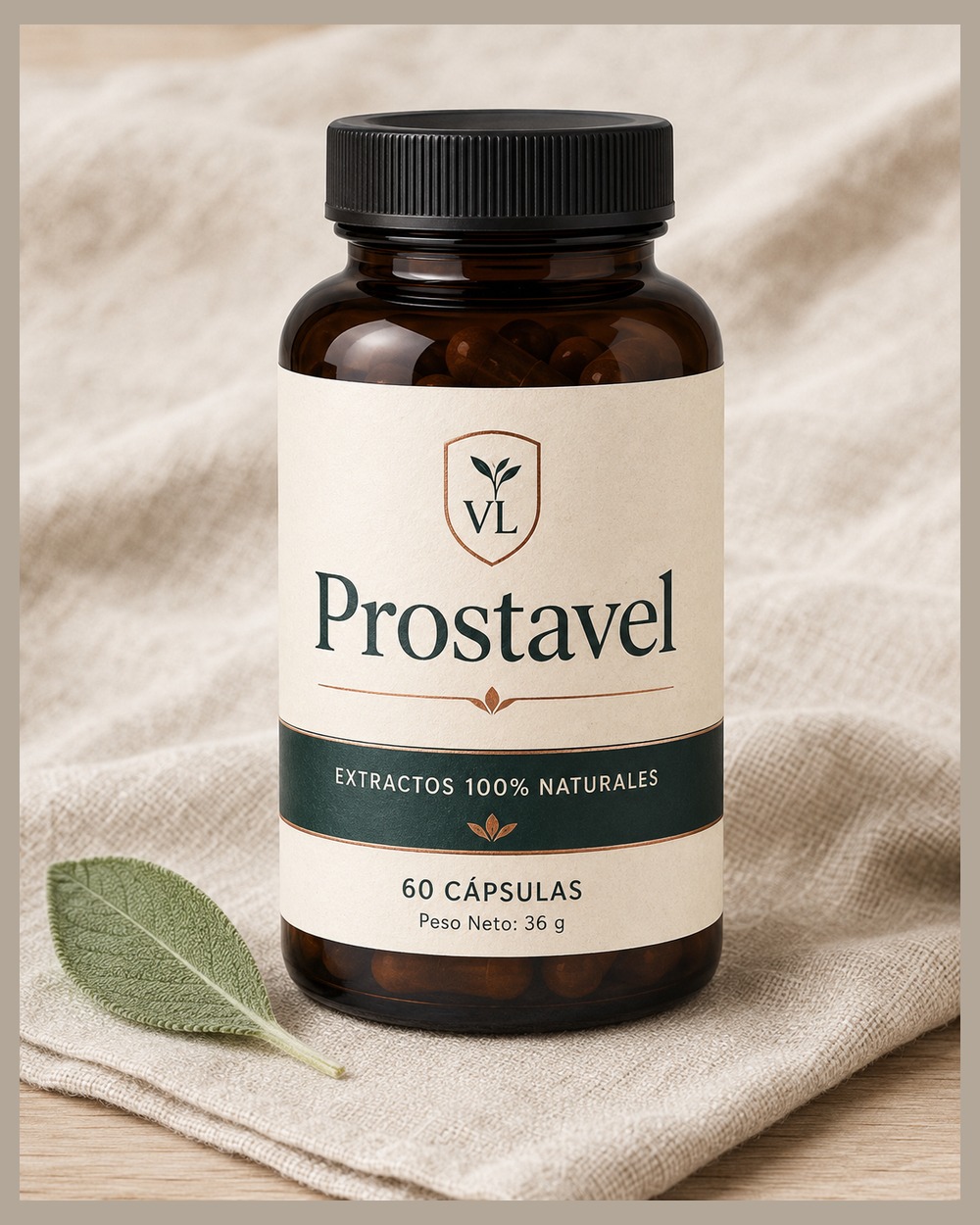 Prostavel en una composición de estudio con tonos crema y verdes